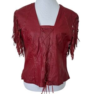 REBEL SPIRIT Red Leather Top Fringe Sleeves Size XL